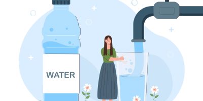 Woman with clean water. Young girl fills glass from tap. Thirst and hydration. Health care, active lifestyle, sport and fitness. Poster or banner for website. Cartoon flat vector illustration