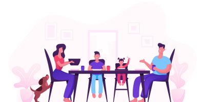Happy Family of Mother Father and Little Kids Having Dinner Around Table with Food. People Eating Meal and Talking Together, Cheerful Characters Group During Lunch. Cartoon Flat Vector Illustration