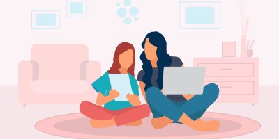 Mother and daughter with a laptop and digital tablet in hand sitting on the floor at home in the living room. The mother teaches her daughter the concept. Flat design vector illustration