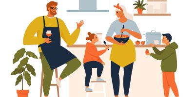 Happy family cooking. Mother and father with kids cook dishes in kitchen cartoon vector illustration. Family cooking mother, son, daughter and father on kitchen.