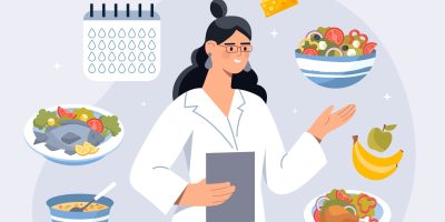 Nutritionist makes meal plan. Woman analyzes products and selects necessary for healthy lifestyle. Correct habits and assessment of energy value of food and dishes. Cartoon flat vector illustration